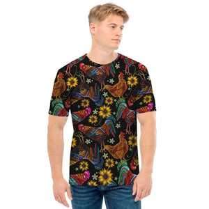 Embroidery Rooster Pattern Print Men's T-Shirt