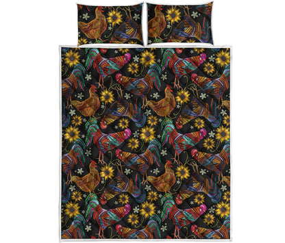 Embroidery Rooster Pattern Print Quilt Bed Set