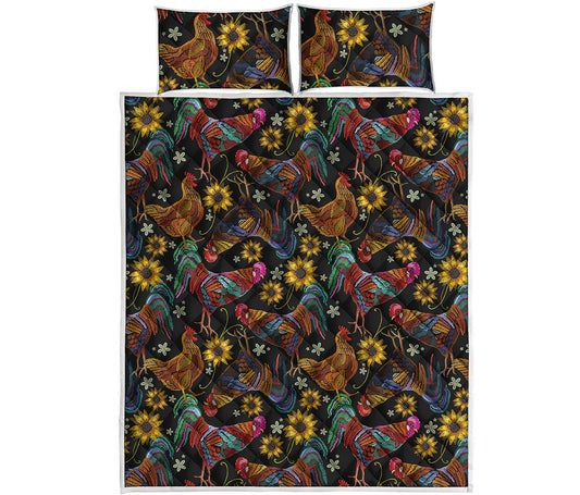 Embroidery Rooster Pattern Print Quilt Bed Set