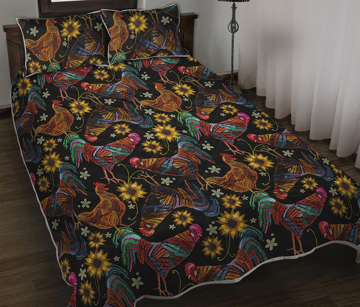 Embroidery Rooster Pattern Print Quilt Bed Set