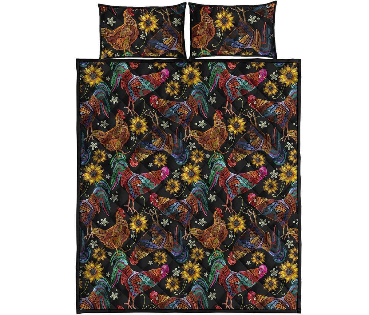Embroidery Rooster Pattern Print Quilt Bed Set