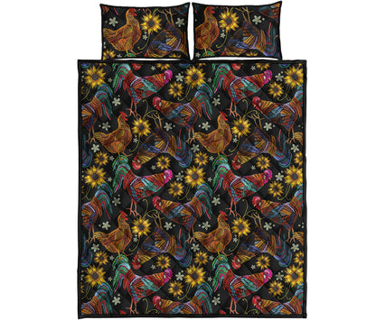 Embroidery Rooster Pattern Print Quilt Bed Set