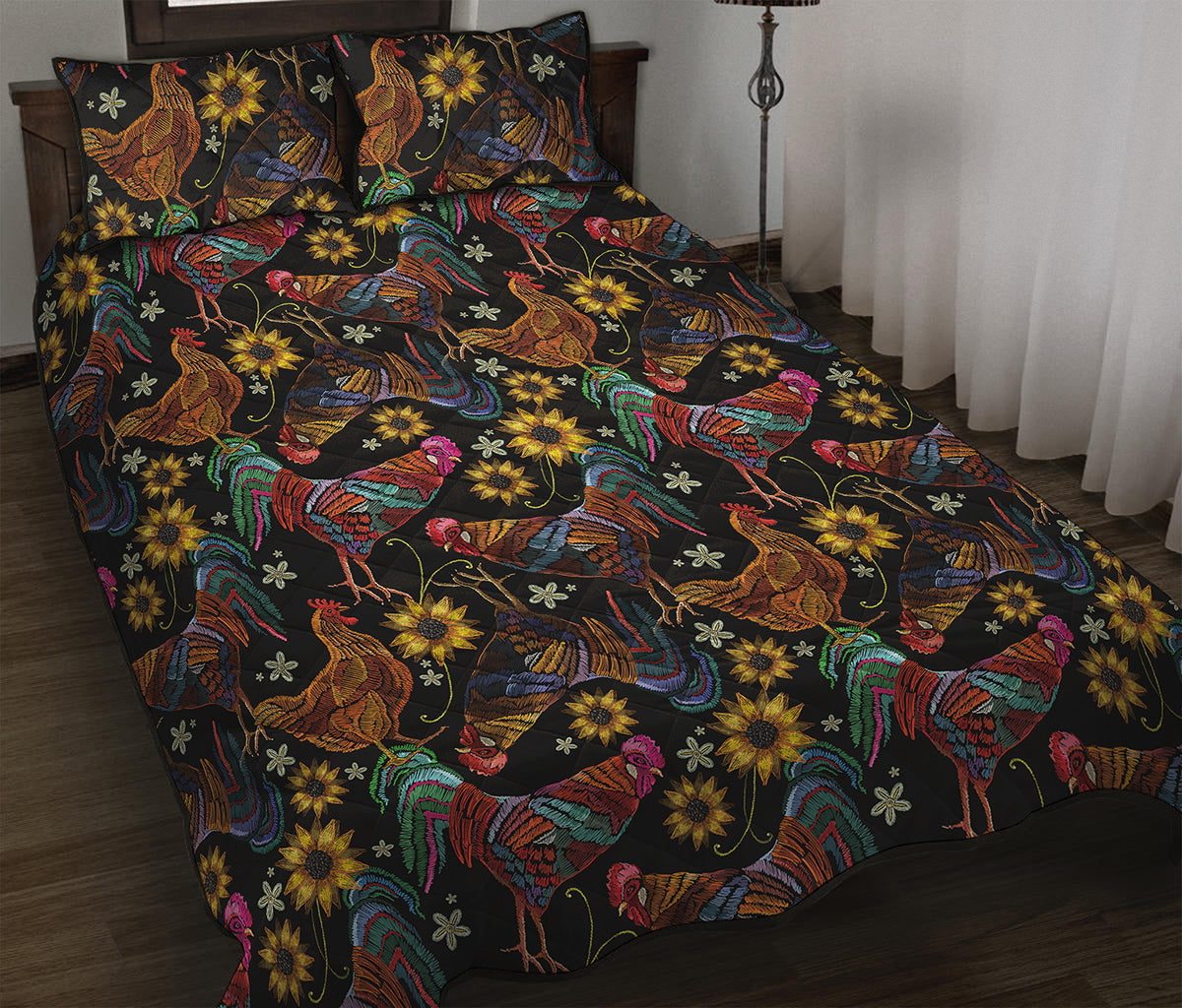 Embroidery Rooster Pattern Print Quilt Bed Set