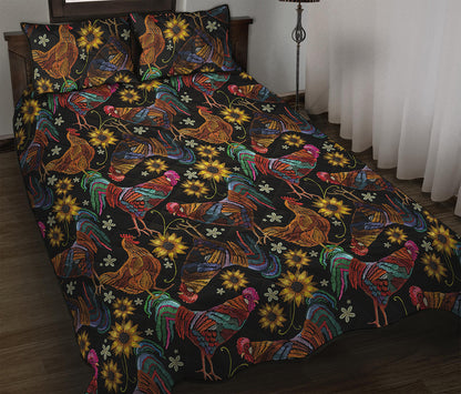 Embroidery Rooster Pattern Print Quilt Bed Set