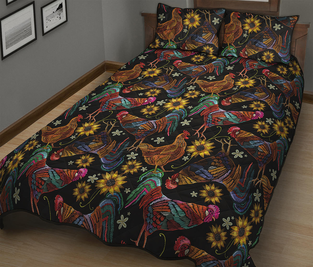 Embroidery Rooster Pattern Print Quilt Bed Set