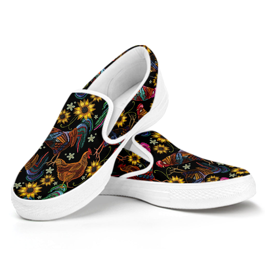 Embroidery Rooster Pattern Print White Slip On Shoes