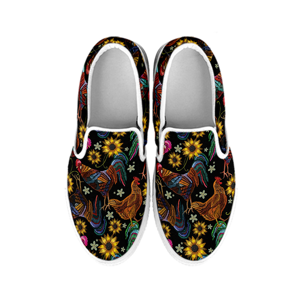 Embroidery Rooster Pattern Print White Slip On Shoes