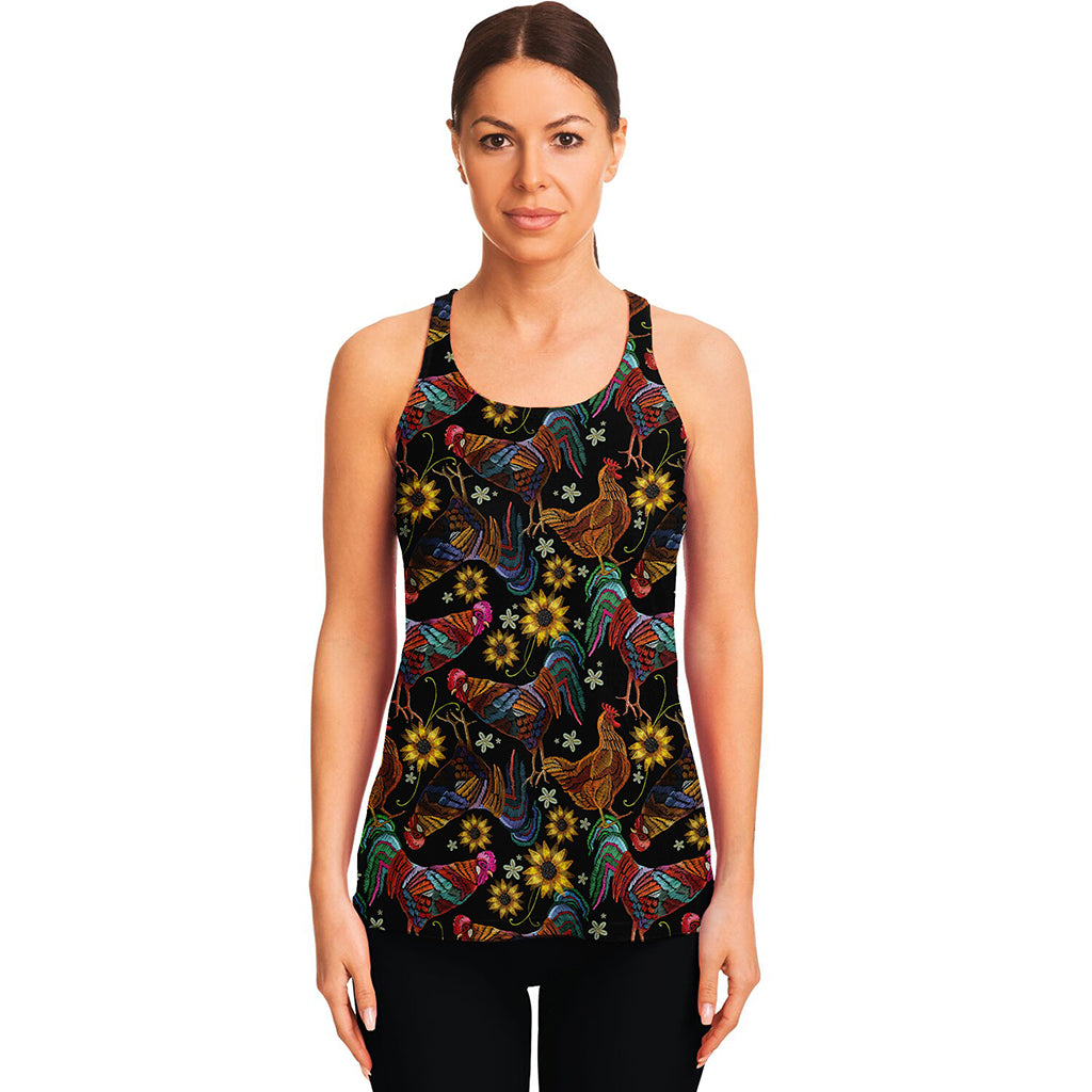 Embroidery Rooster Pattern Print Women's Racerback Tank Top