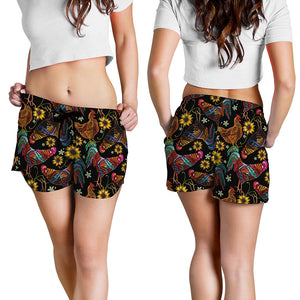 Embroidery Rooster Pattern Print Women's Shorts