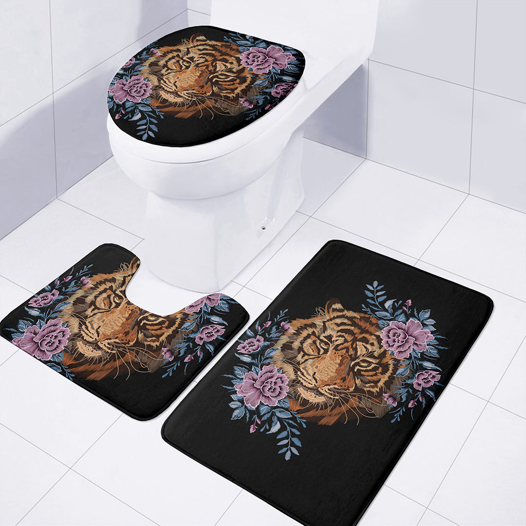 Embroidery Tiger And Flower Print 3 Piece Bath Mat Set