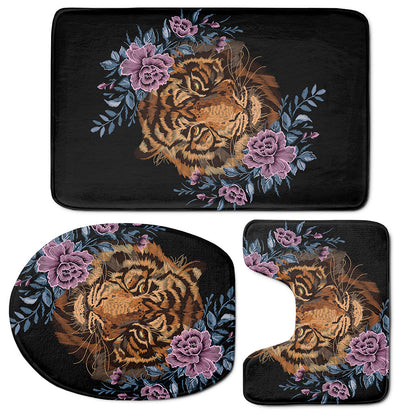 Embroidery Tiger And Flower Print 3 Piece Bath Mat Set
