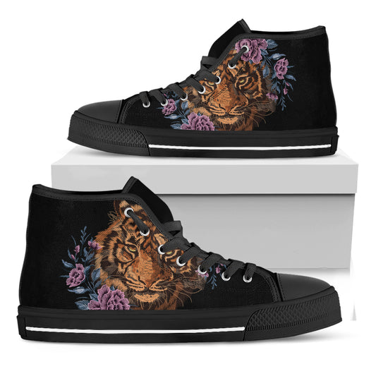 Embroidery Tiger And Flower Print Black High Top Shoes
