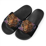 Embroidery Tiger And Flower Print Black Slide Sandals