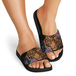 Embroidery Tiger And Flower Print Black Slide Sandals
