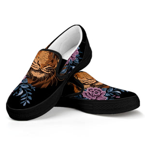 Embroidery Tiger And Flower Print Black Slip On Shoes