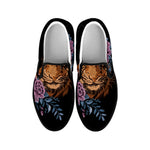 Embroidery Tiger And Flower Print Black Slip On Shoes