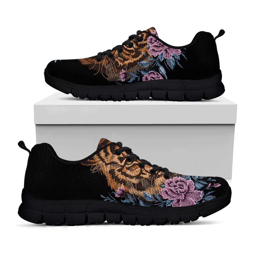 Embroidery Tiger And Flower Print Black Sneakers