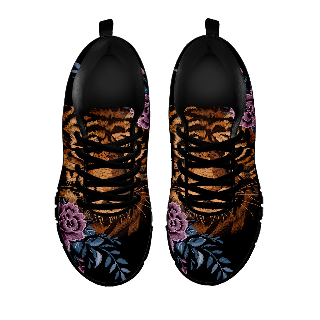 Embroidery Tiger And Flower Print Black Sneakers
