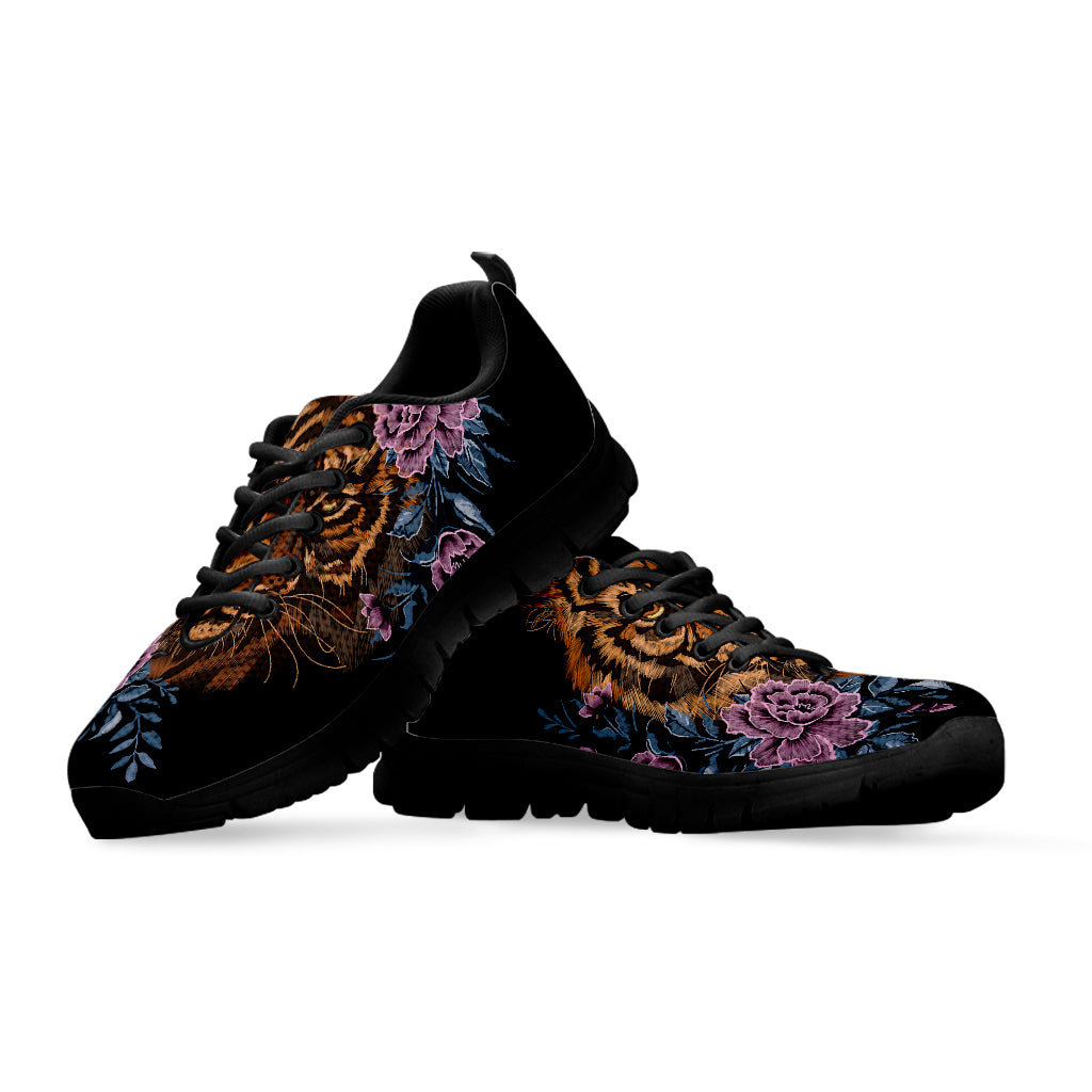 Embroidery Tiger And Flower Print Black Sneakers
