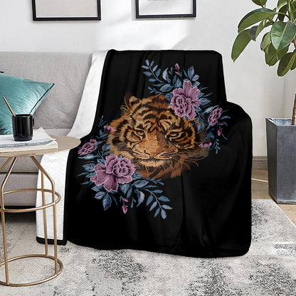 Embroidery Tiger And Flower Print Blanket