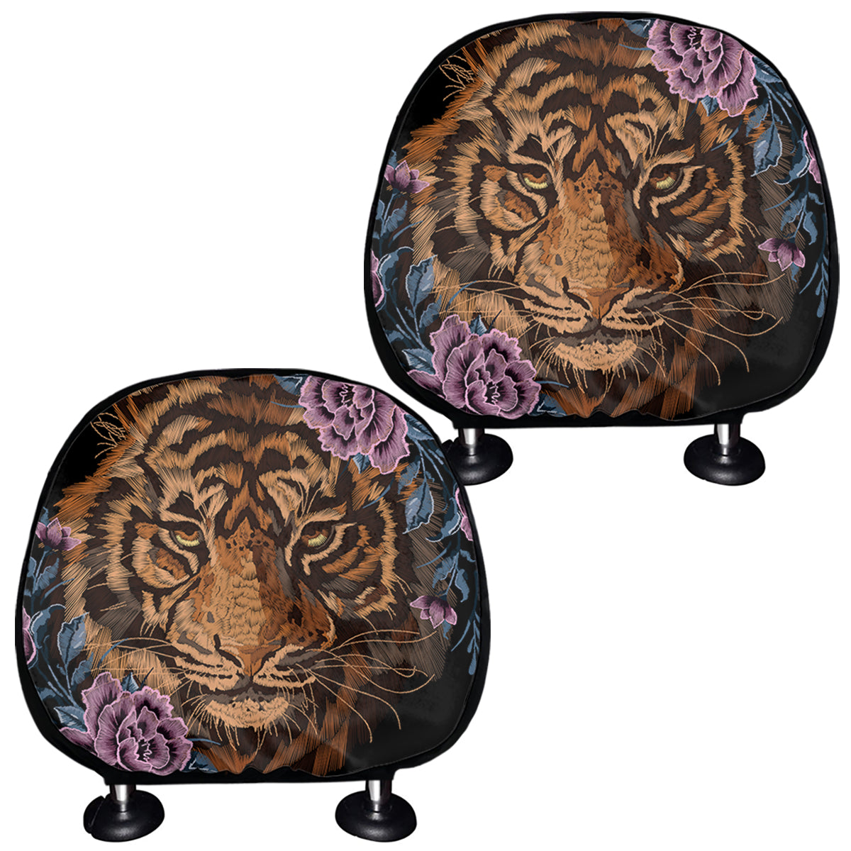 Embroidery Tiger And Flower Print Car Headrest Covers