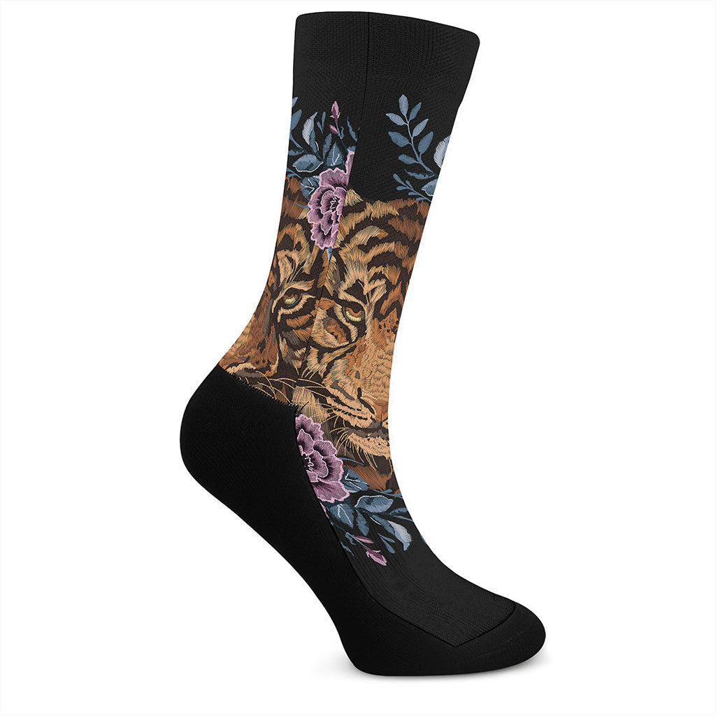 Embroidery Tiger And Flower Print Crew Socks