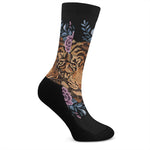 Embroidery Tiger And Flower Print Crew Socks