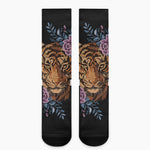 Embroidery Tiger And Flower Print Crew Socks