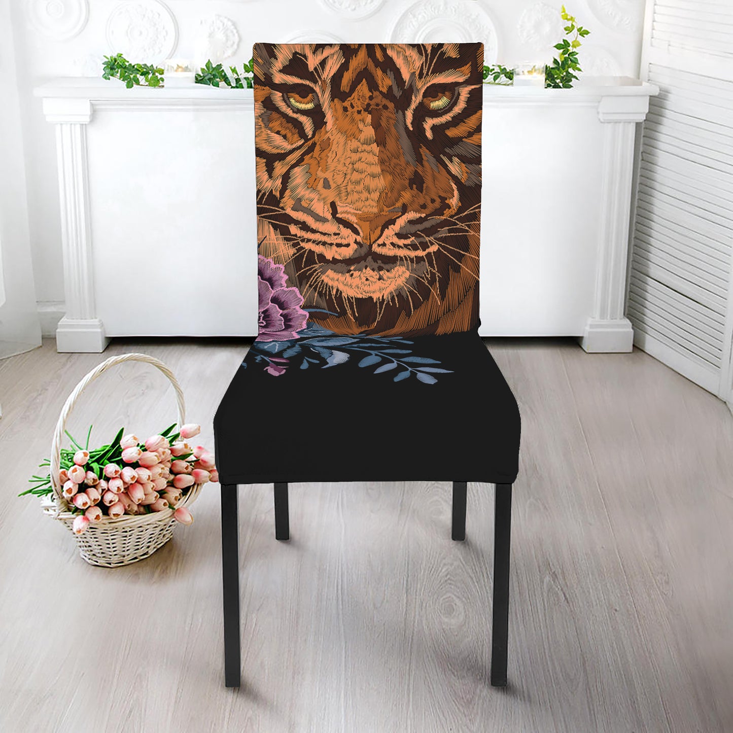 Embroidery Tiger And Flower Print Dining Chair Slipcover