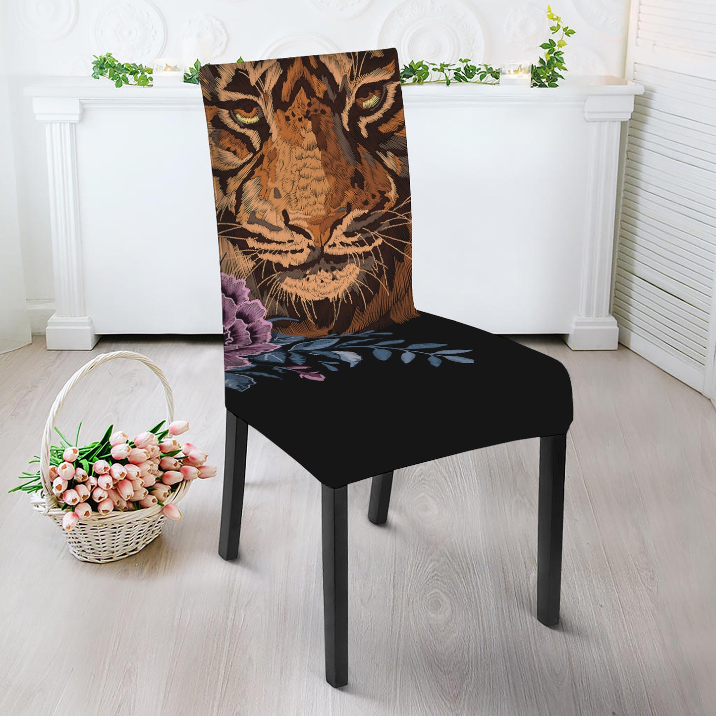 Embroidery Tiger And Flower Print Dining Chair Slipcover