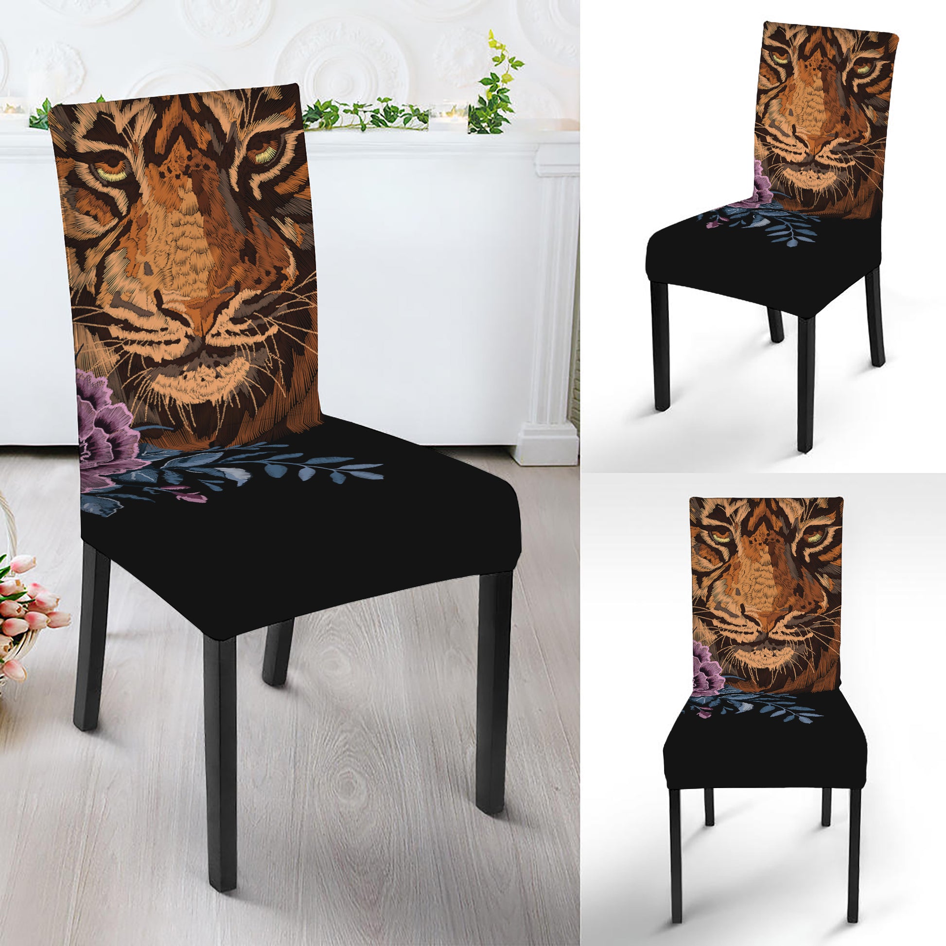 Embroidery Tiger And Flower Print Dining Chair Slipcover