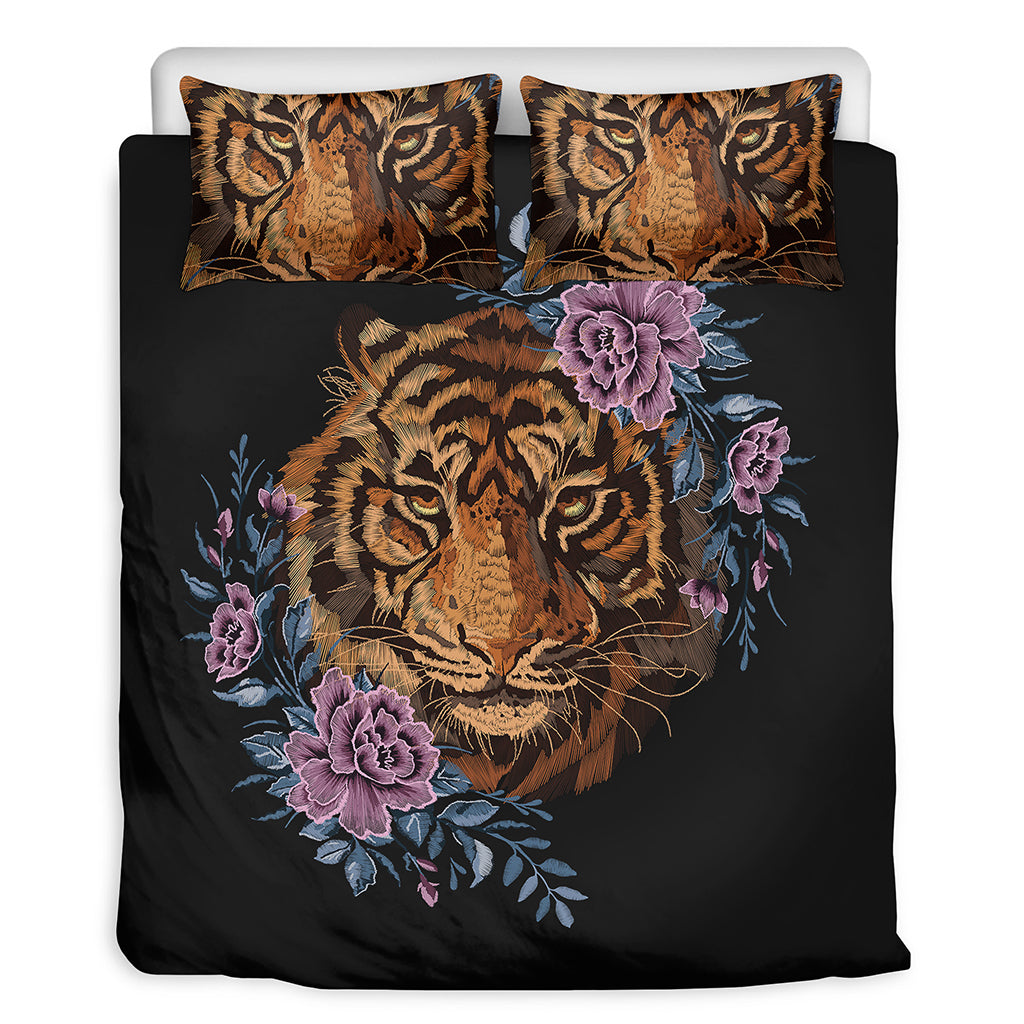 Embroidery Tiger And Flower Print Duvet Cover Bedding Set