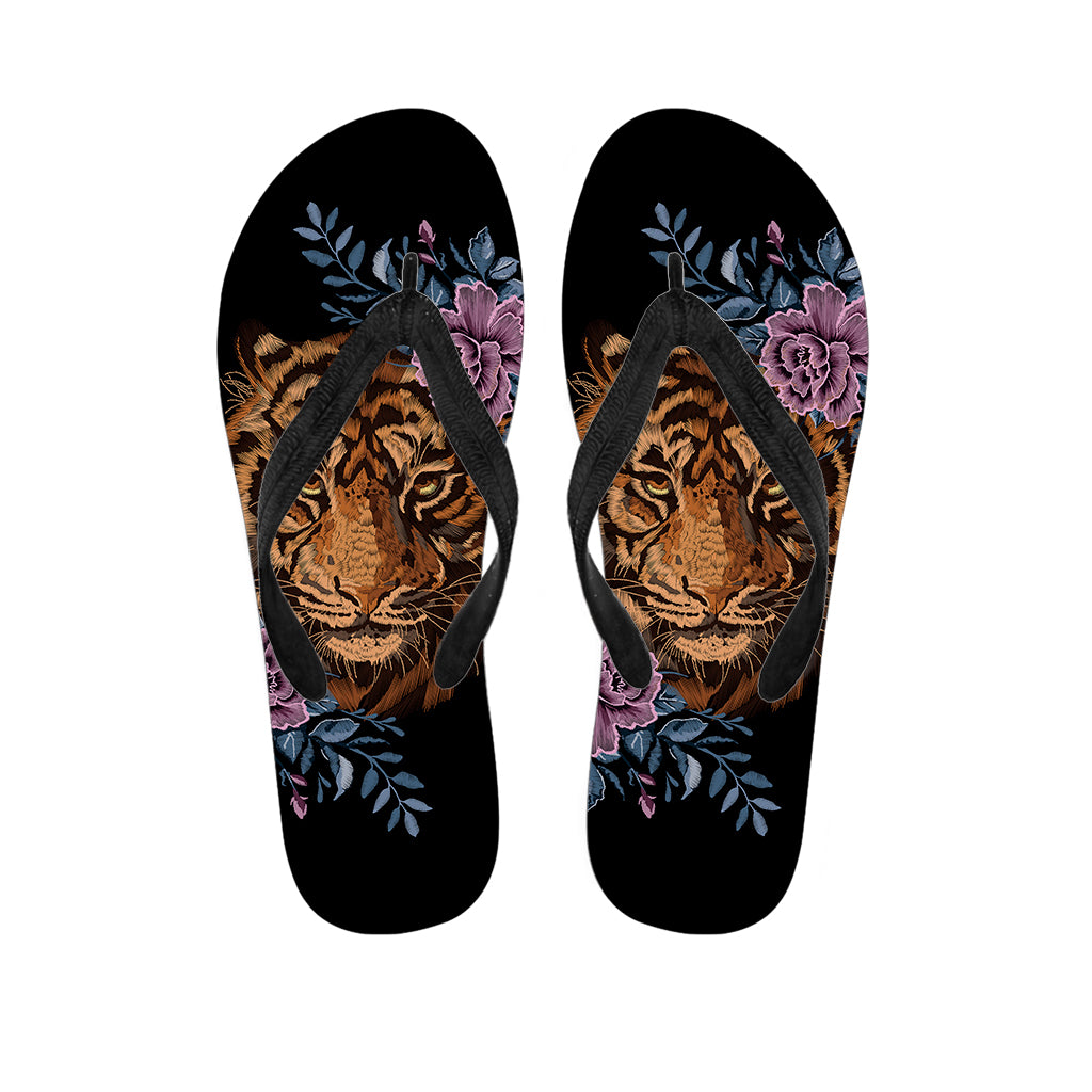 Embroidery Tiger And Flower Print Flip Flops