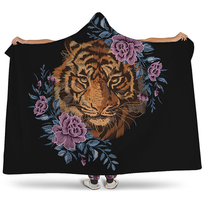 Embroidery Tiger And Flower Print Hooded Blanket