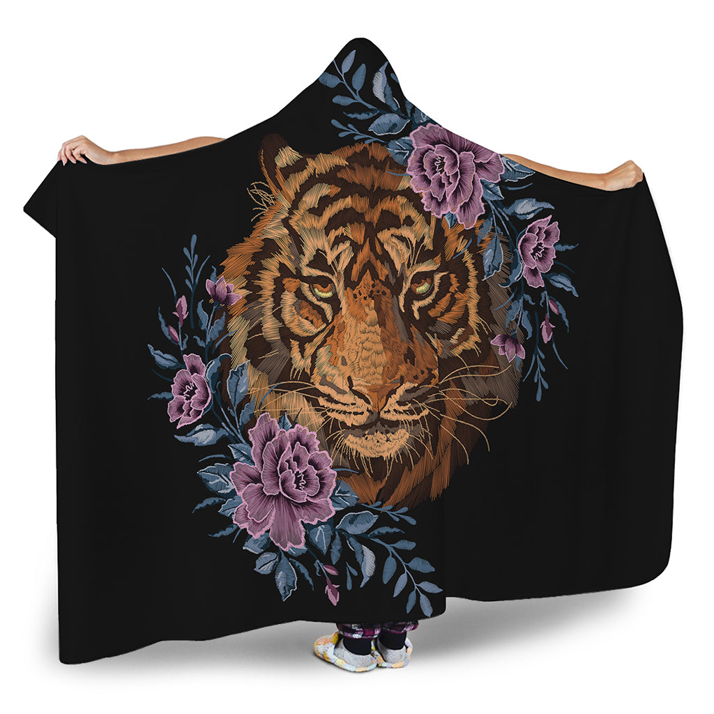 Embroidery Tiger And Flower Print Hooded Blanket