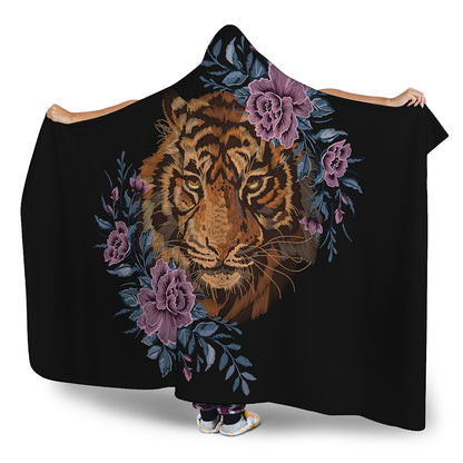 Embroidery Tiger And Flower Print Hooded Blanket