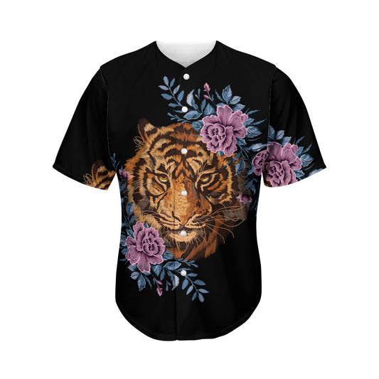 Embroidery Tiger And Flower Print Men's Baseball Jersey