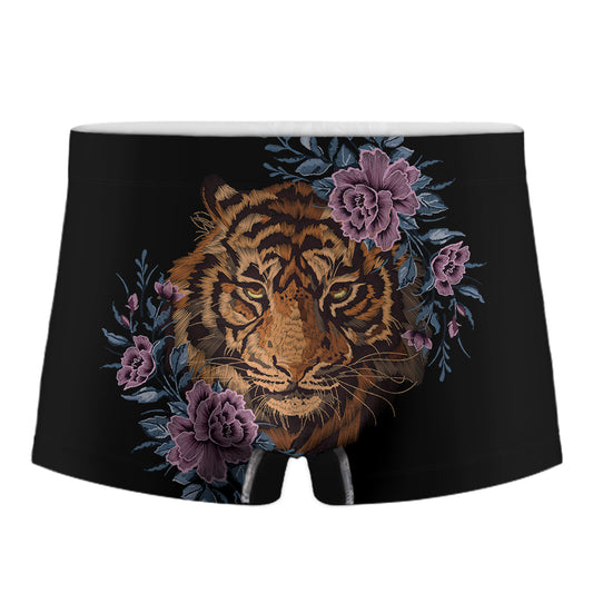 Embroidery Tiger And Flower Print Men's Boxer Briefs