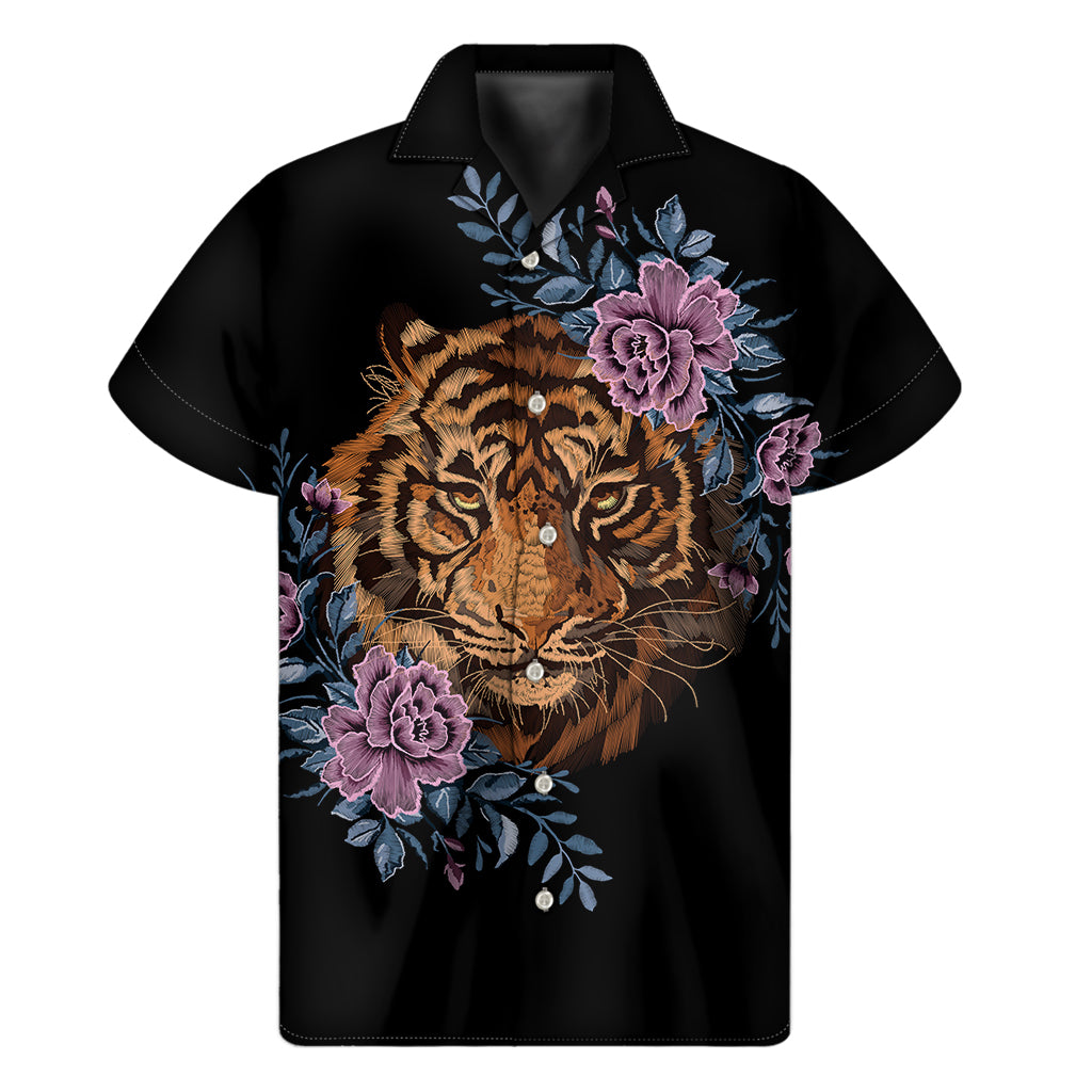 Embroidery Tiger And Flower Print Men's Short Sleeve Shirt