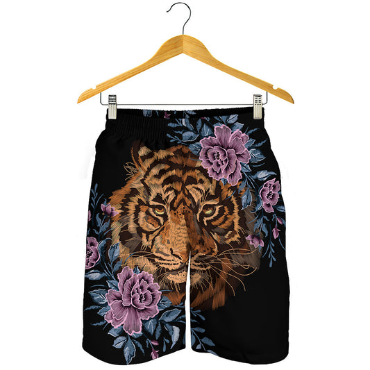 Embroidery Tiger And Flower Print Men's Shorts