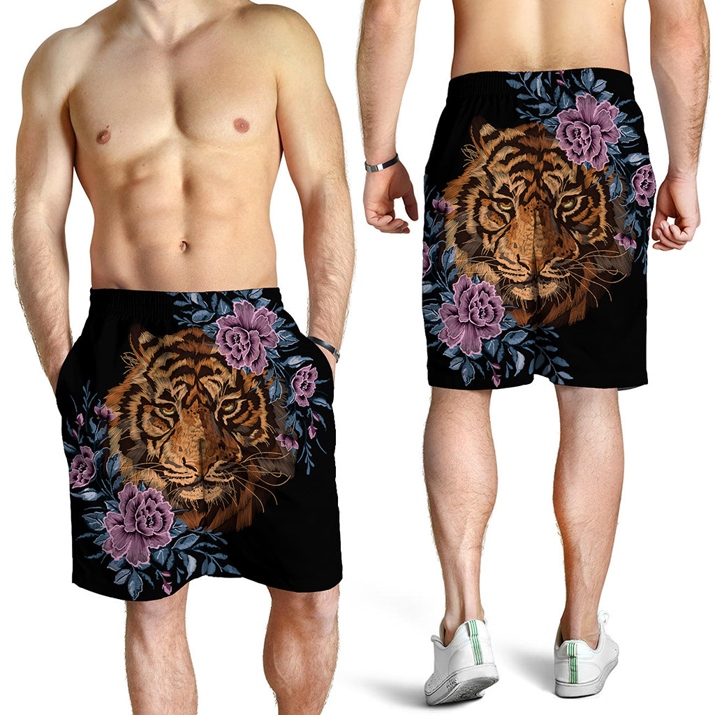 Embroidery Tiger And Flower Print Men's Shorts