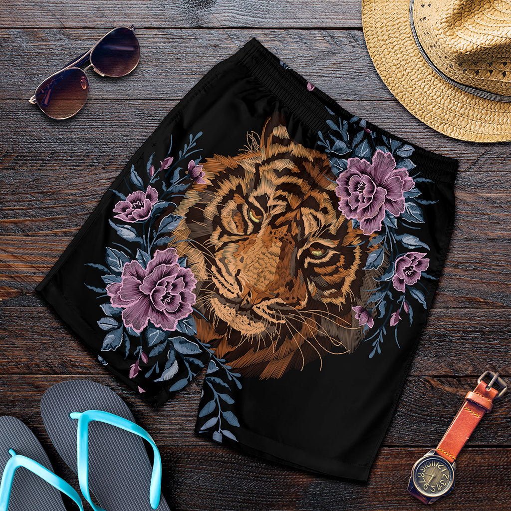 Embroidery Tiger And Flower Print Men's Shorts