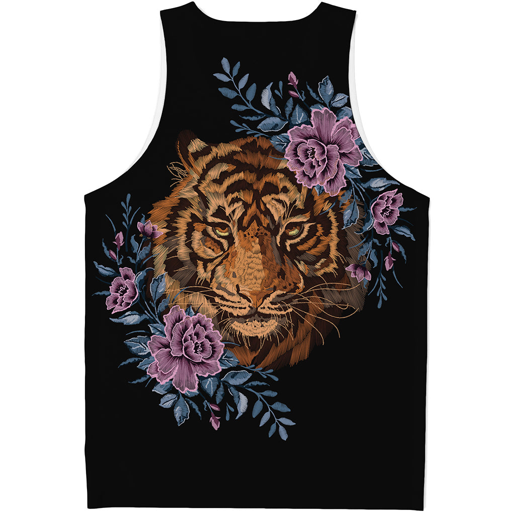 Embroidery Tiger And Flower Print Men's Tank Top