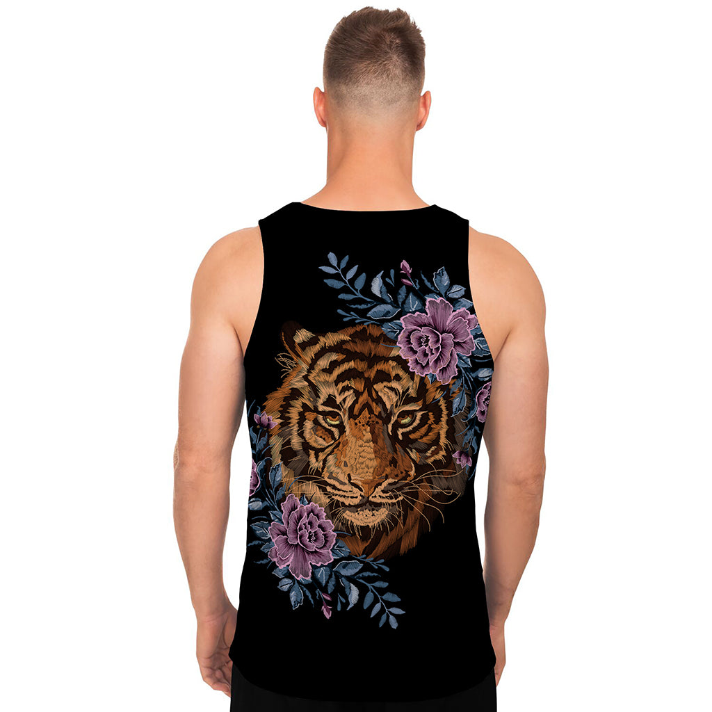Embroidery Tiger And Flower Print Men's Tank Top