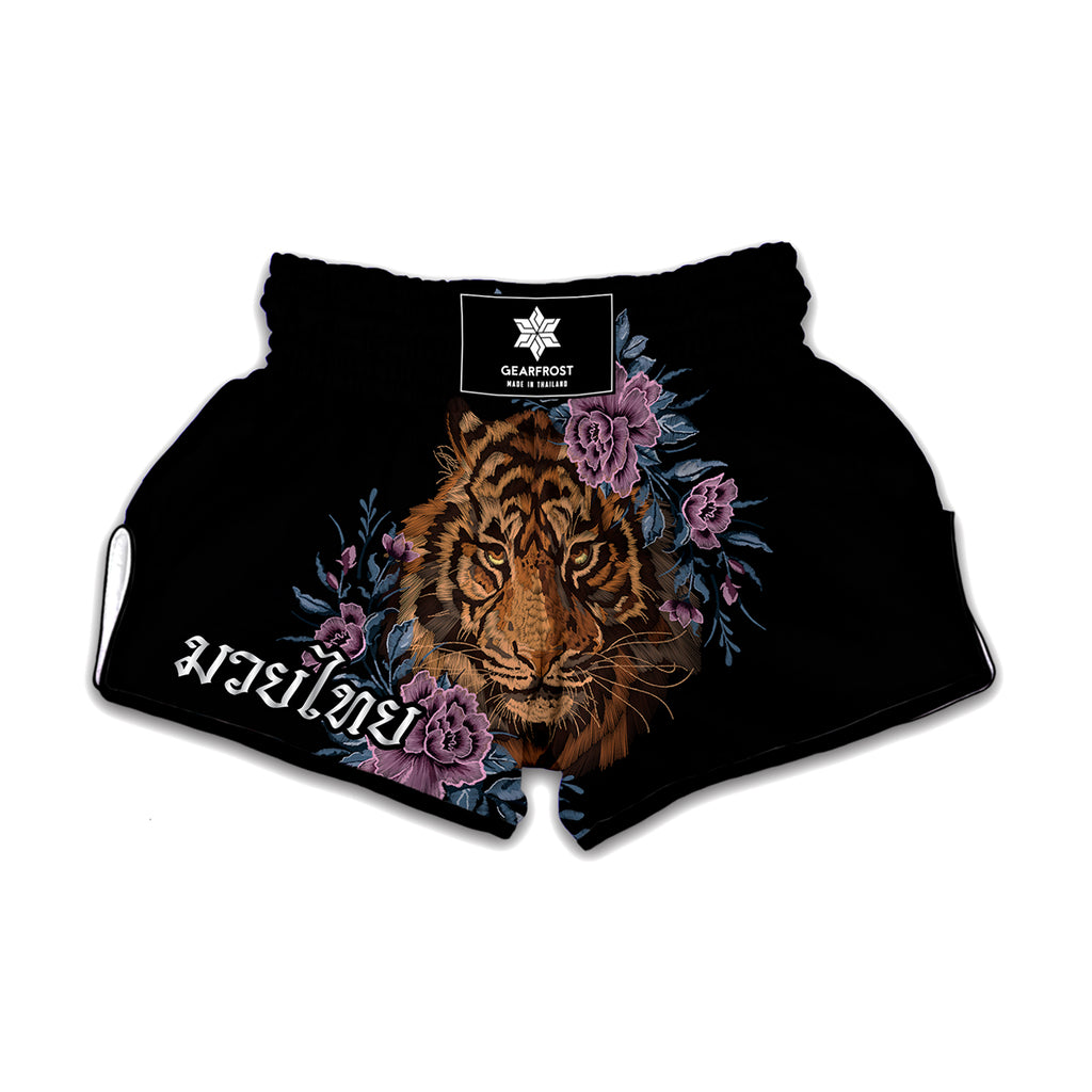 Embroidery Tiger And Flower Print Muay Thai Boxing Shorts