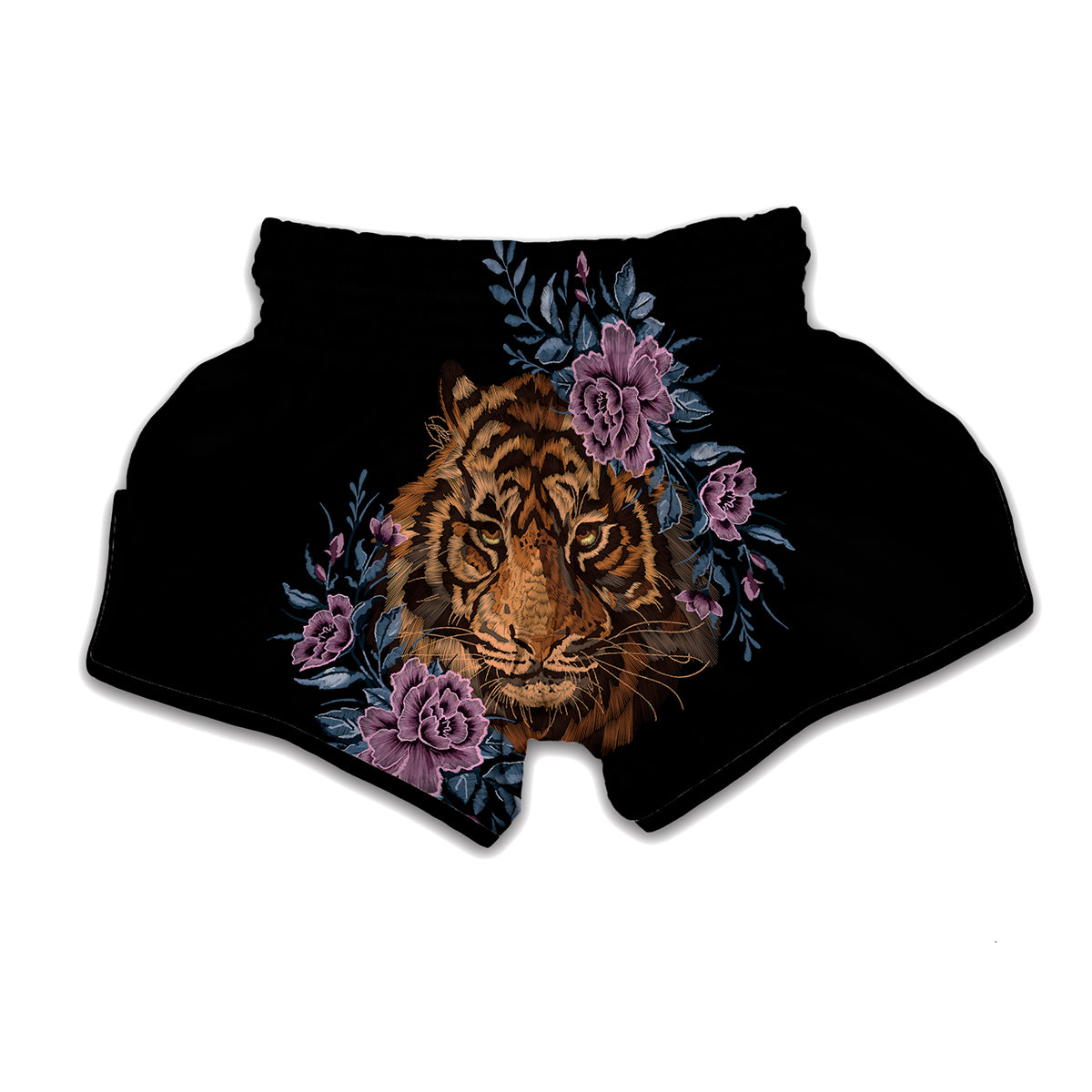 Embroidery Tiger And Flower Print Muay Thai Boxing Shorts