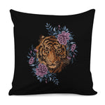 Embroidery Tiger And Flower Print Pillow Cover