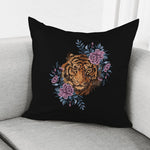 Embroidery Tiger And Flower Print Pillow Cover