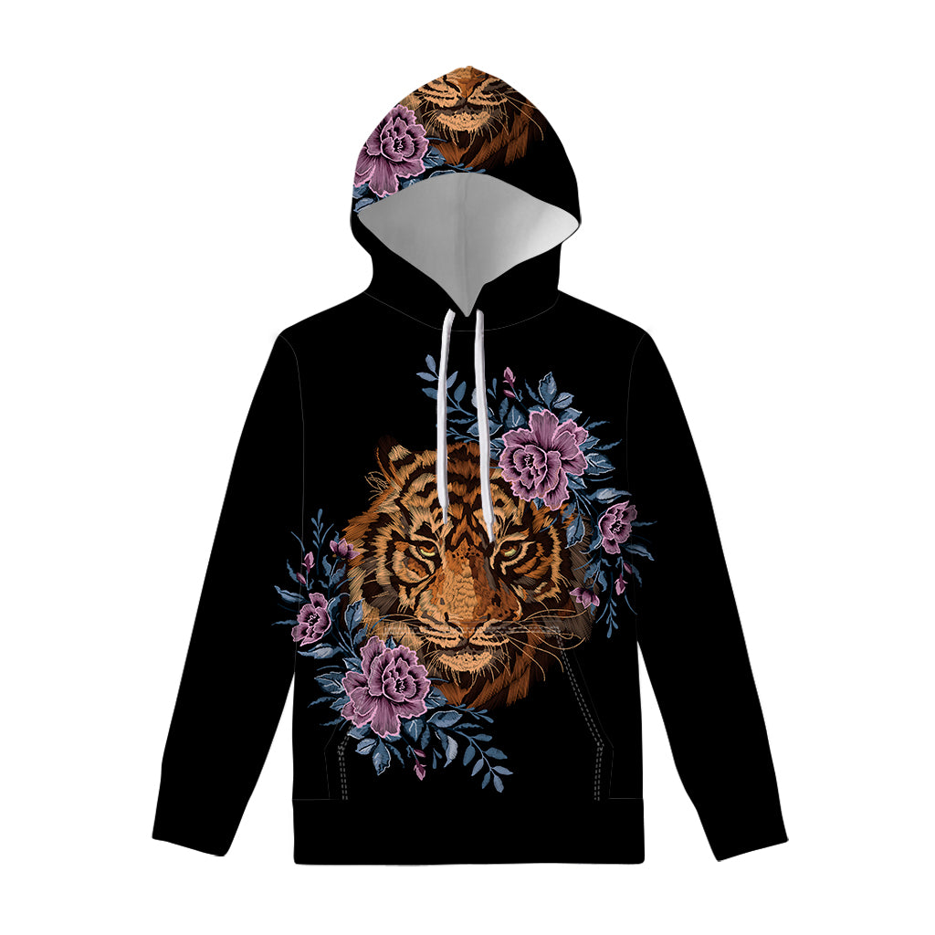 Embroidery Tiger And Flower Print Pullover Hoodie