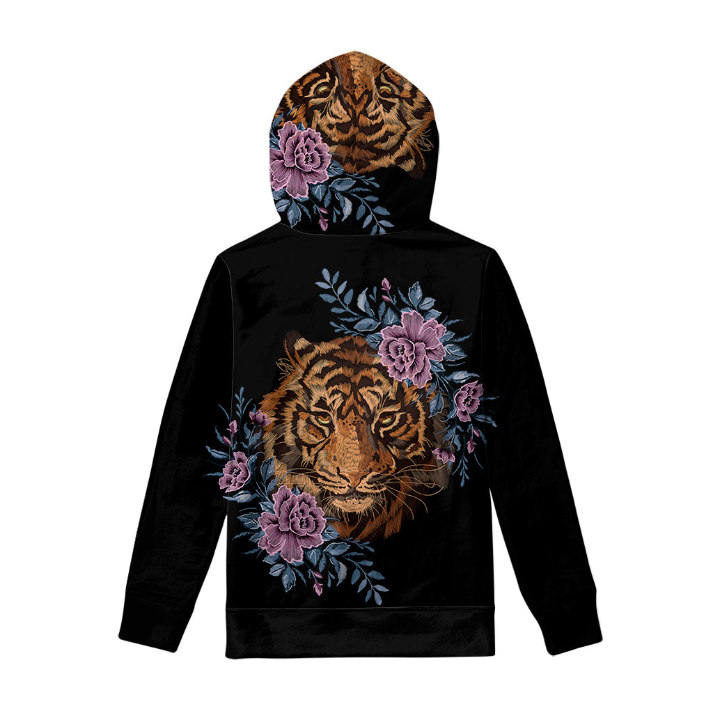 Embroidery Tiger And Flower Print Pullover Hoodie